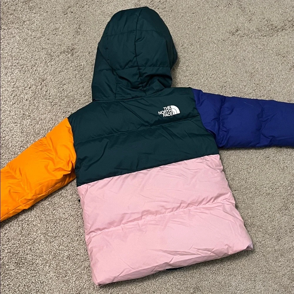 The North Face Colorblock Hooded Puffer Jacket - Green/Pink/Orange/Purple 3T